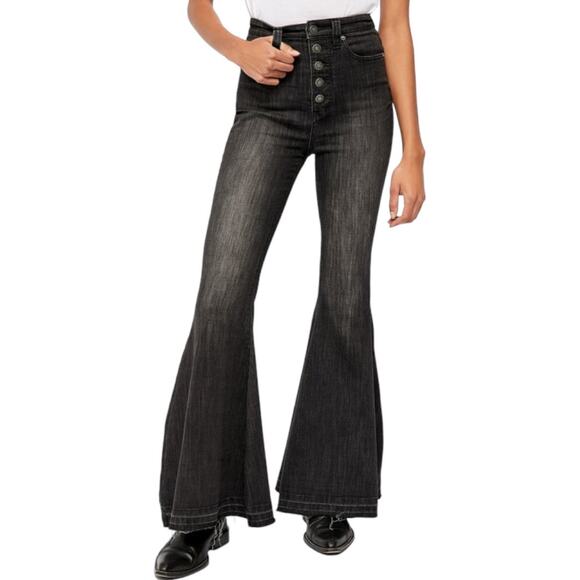 Free People We The Free High Waisted Irreplaceable Flare Jeans in Galaxy Black - Picture 1 of 12